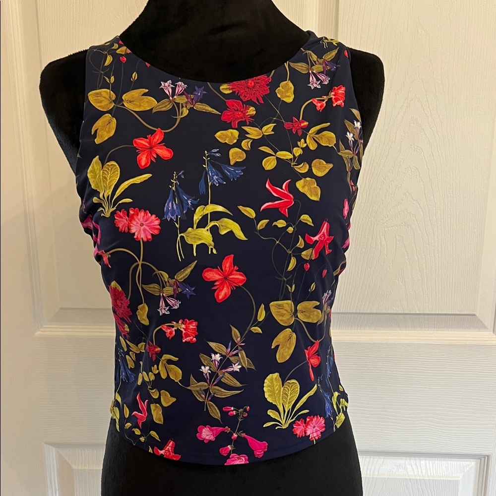 Lands’ End Floral High Neck Crop mid length  Tankini Swim Top Navy Women size 12
